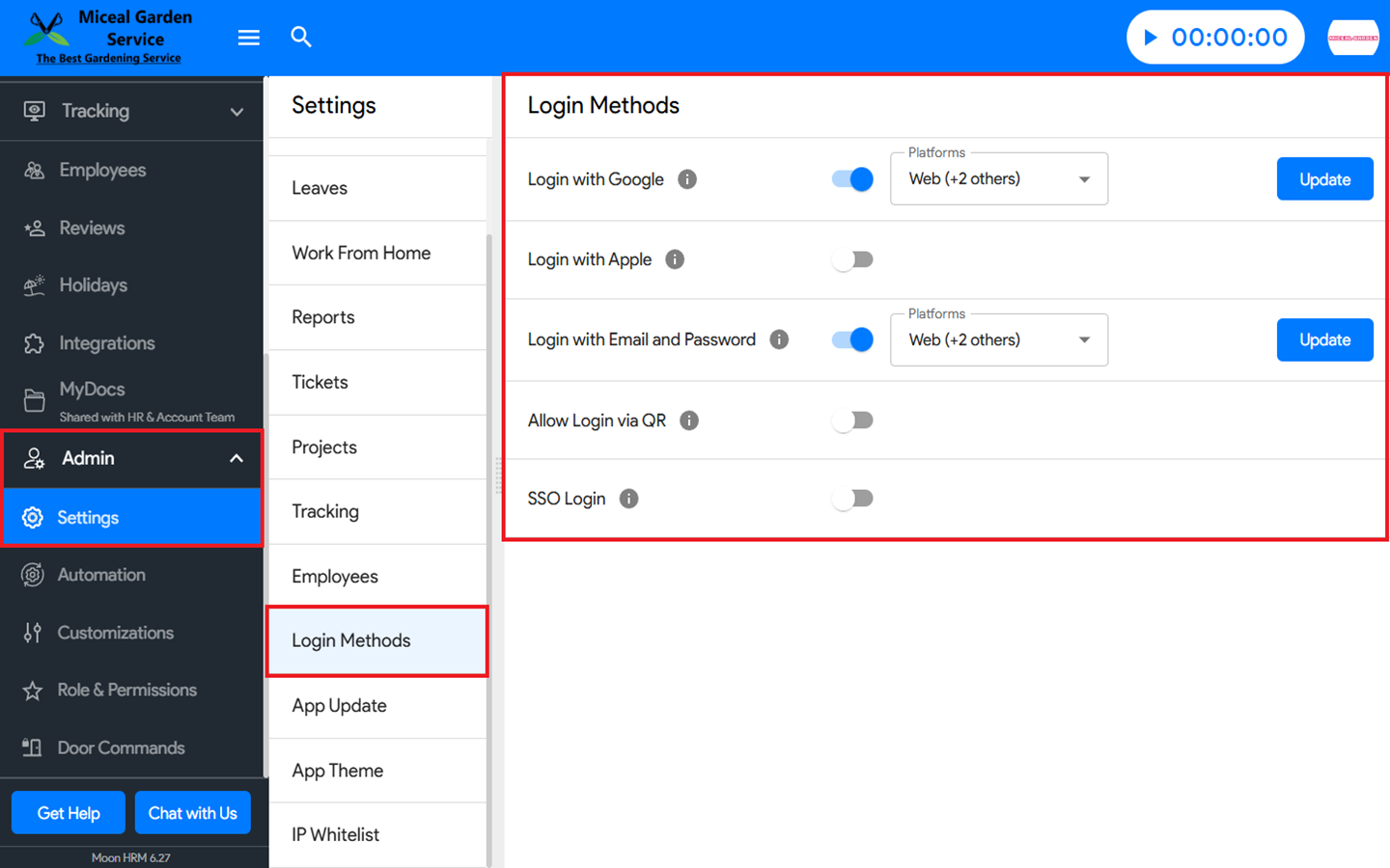 How can I enable_disable different login methods in Moon HRM - Help Desk