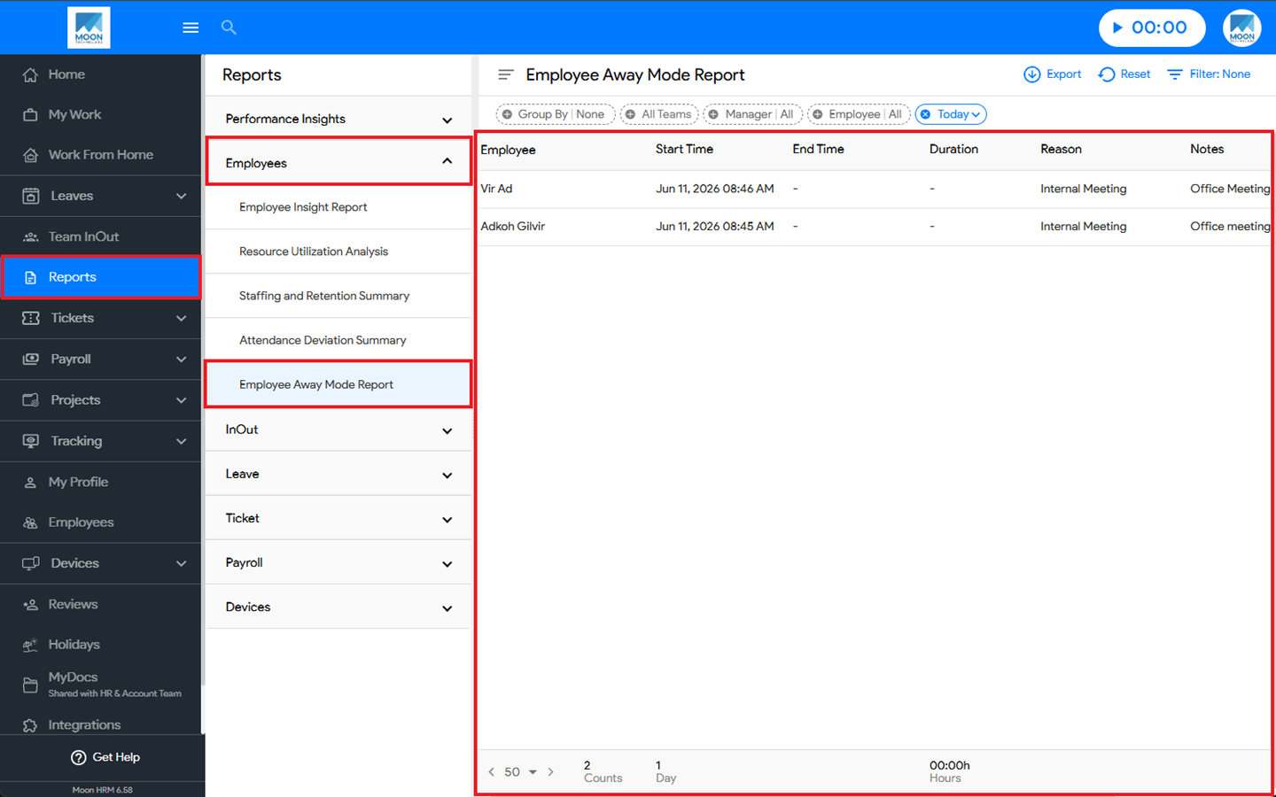 Mode Report Where can I view the Employee Away Mode Report in Moon HRM? - Help Desk